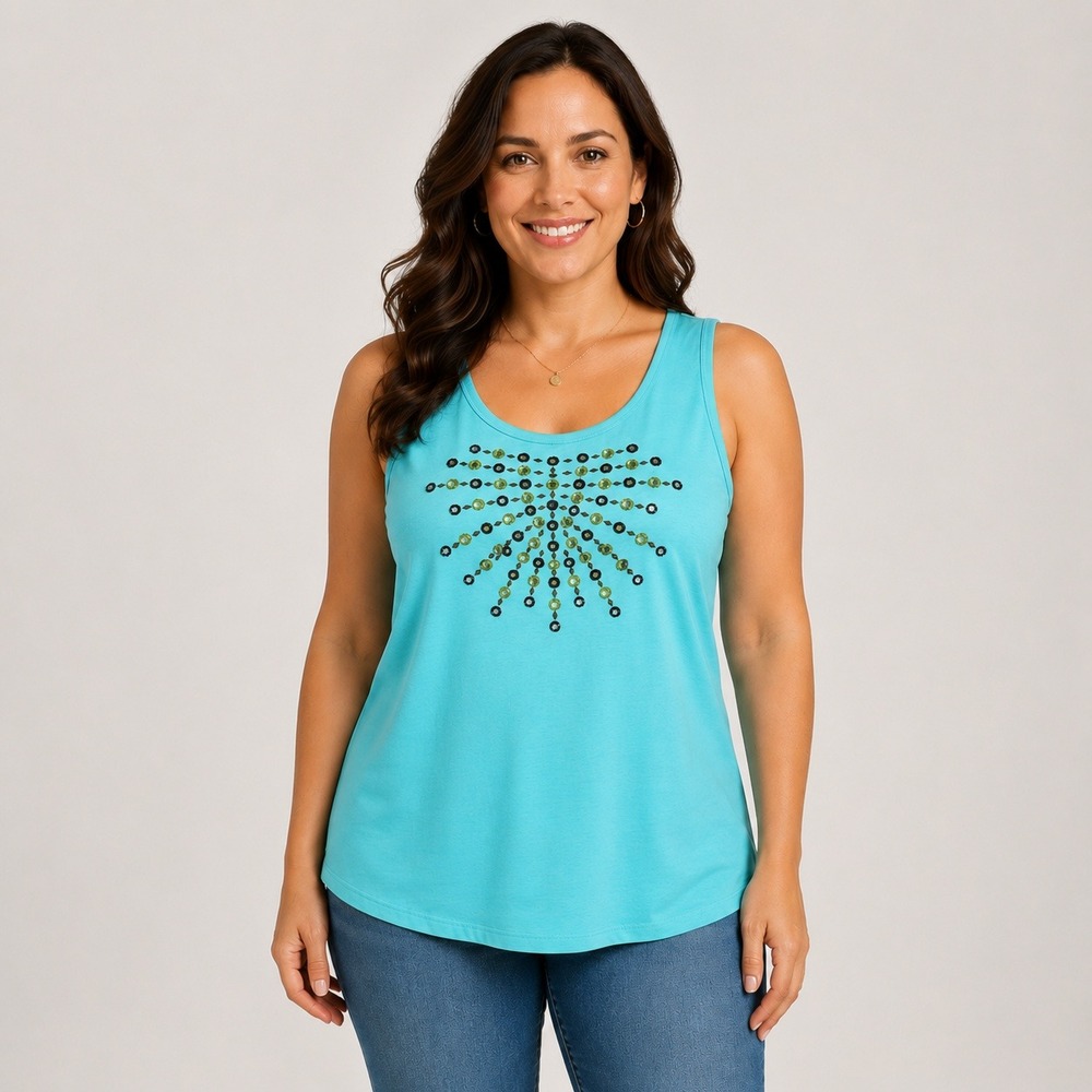 Tory Burch Cotton Turquoise Tank Top Womens Large Sunburst Boho Beachy